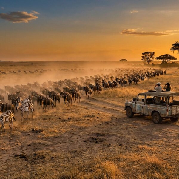 Massive wildebeest and zebra herd migrating across a dusty, sun-drenched savanna at golden hour, with a safari jeep.