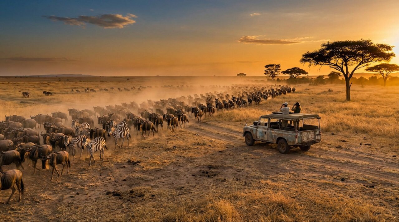 Massive wildebeest and zebra herd migrating across a dusty, sun-drenched savanna at golden hour, with a safari jeep.