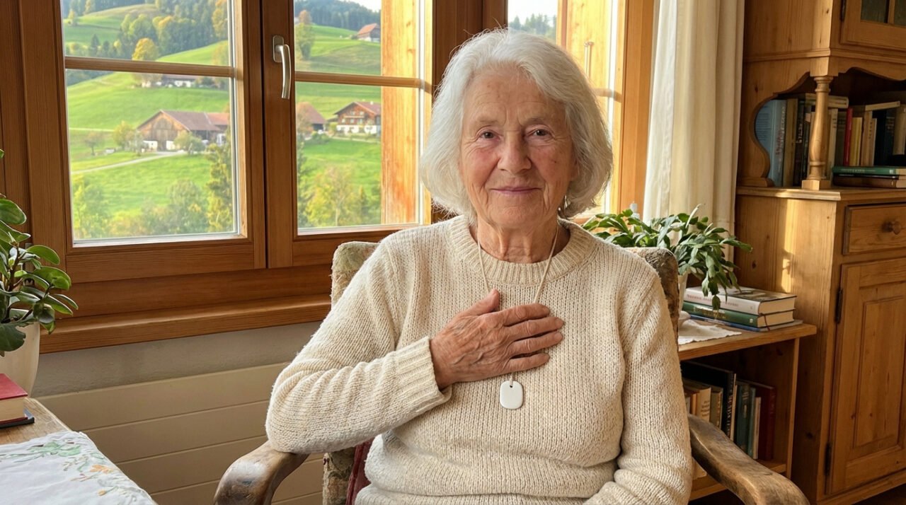 Une femme âgée souriante avec un médaillon de téléassistance, assise chez elle devant une fenêtre sur un paysage verdoyant.