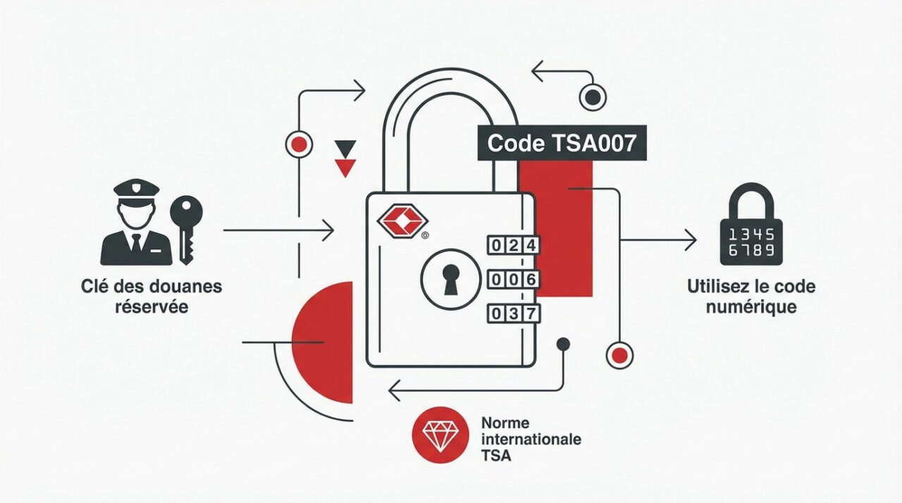 Mécanisme d'une serrure de valise TSA avec molettes et bouton de déverrouillage