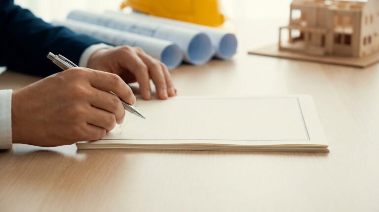 Mains d'un professionnel signant un contrat de construction sur un bureau avec des plans et une maquette.