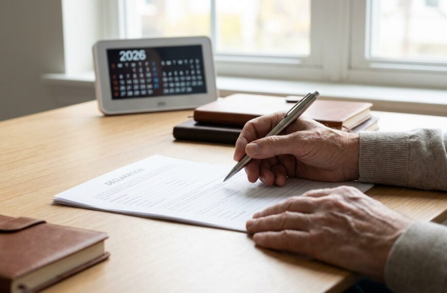 Mains d'une personne âgée remplissant un formulaire de déclaration avec un stylo, sur un bureau en bois. Calendrier 2026 visible.