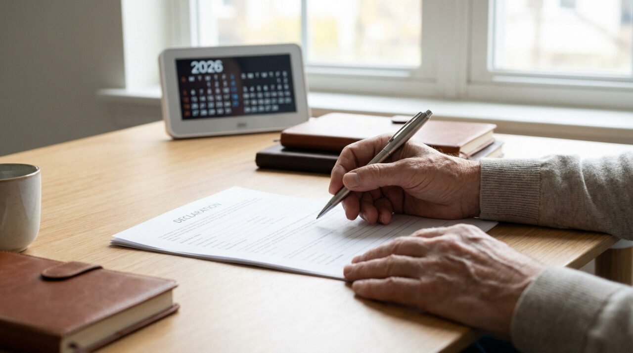 Mains d'une personne âgée remplissant un formulaire de déclaration avec un stylo, sur un bureau en bois. Calendrier 2026 visible.