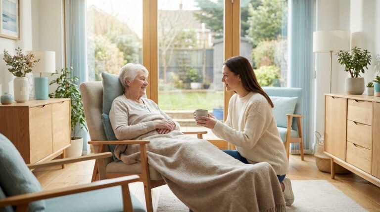 Une jeune femme souriante offre une boisson à une femme âgée confortablement installée dans un fauteuil.