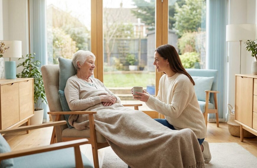 Une jeune femme souriante offre une boisson à une femme âgée confortablement installée dans un fauteuil.