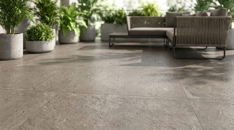 Terrasse moderne avec des carreaux effet pierre mouillés et un canapé d'extérieur entouré de plantes en pot.