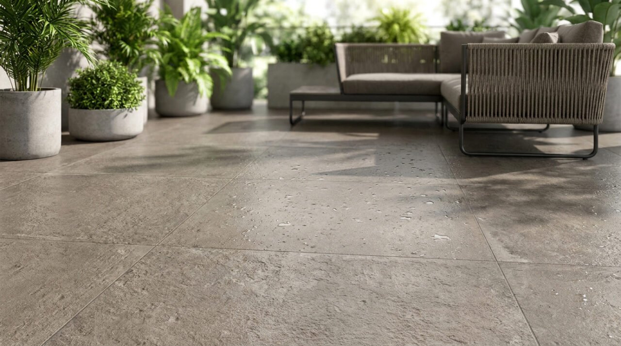 Terrasse moderne avec des carreaux effet pierre mouillés et un canapé d'extérieur entouré de plantes en pot.