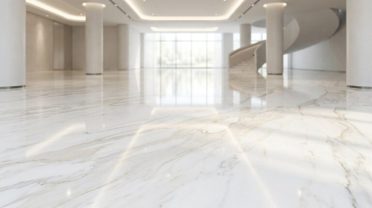 Sol en carrelage blanc marbré ultra-brillant dans un hall moderne et lumineux, reflétant la lumière et l'architecture.