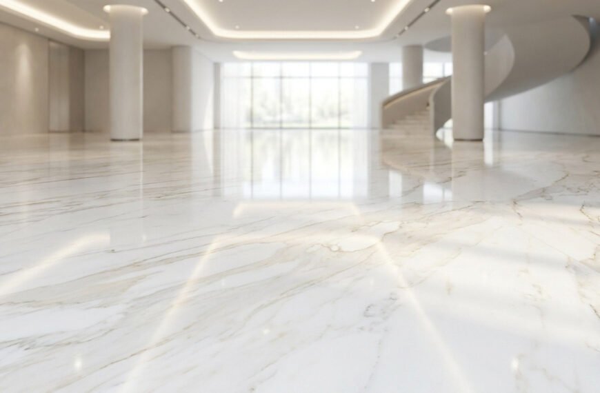 Sol en carrelage blanc marbré ultra-brillant dans un hall moderne et lumineux, reflétant la lumière et l'architecture.