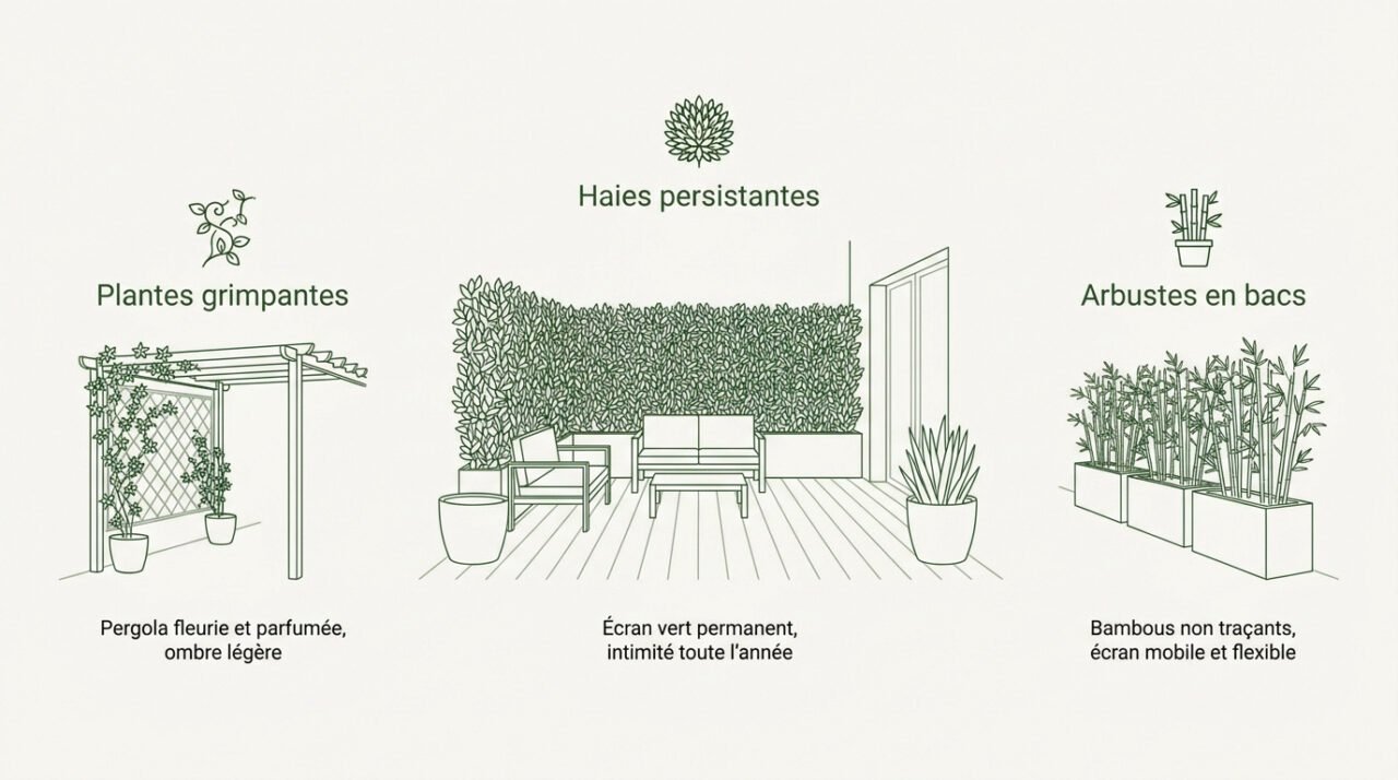 Aménagement d'une terrasse avec haies persistantes et pergola pour l'intimité