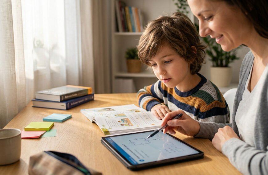 Mère souriante et son fils concentré travaillent sur une tablette et un livre, pour du soutien scolaire à domicile.