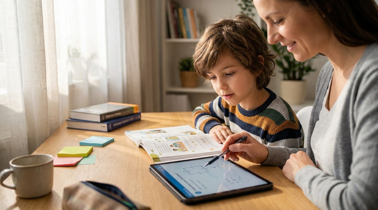 Mère souriante et son fils concentré travaillent sur une tablette et un livre, pour du soutien scolaire à domicile.