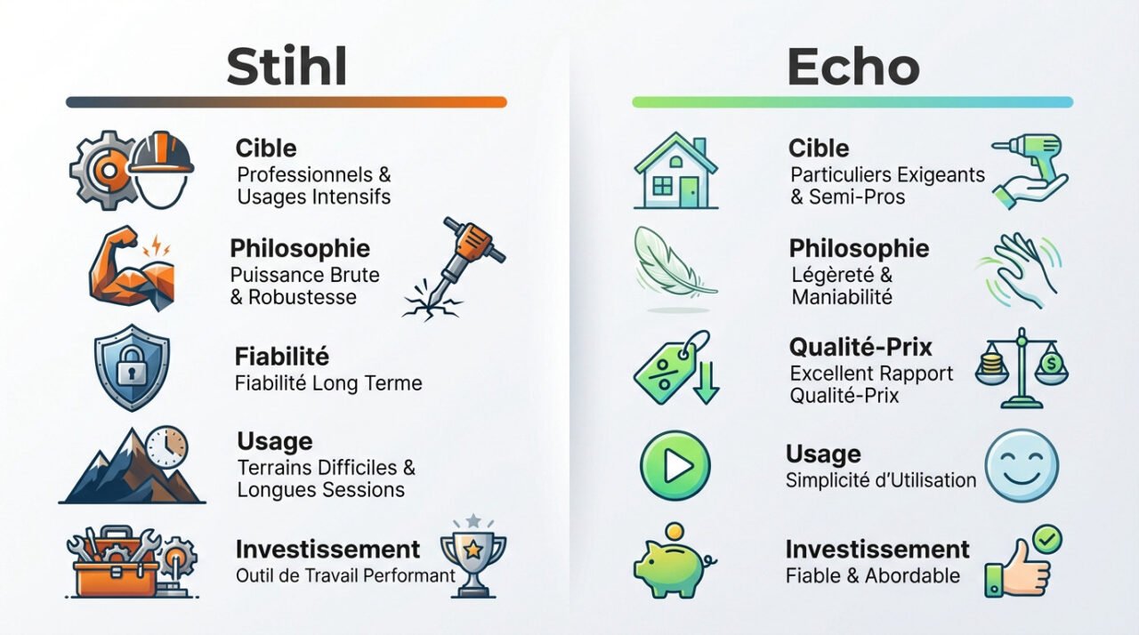 Comparatif des caractéristiques clés entre débroussailleuse Stihl et Echo