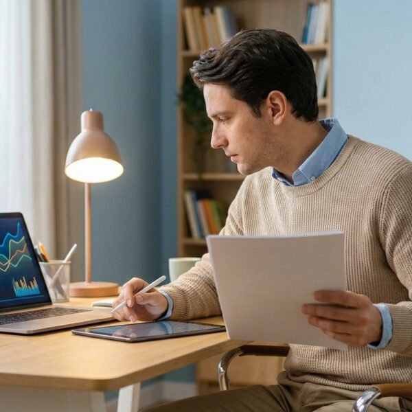 Un homme est assis à un bureau et examine des documents imprimés tout en analysant des graphiques financiers sur un ordinateur portable et en écrivant sur une tablette numérique dans un bureau à domicile.