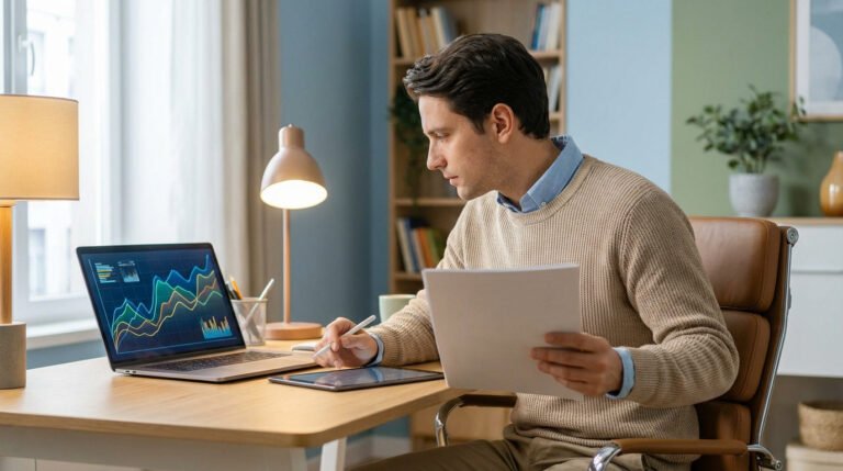 Un homme est assis à un bureau et examine des documents imprimés tout en analysant des graphiques financiers sur un ordinateur portable et en écrivant sur une tablette numérique dans un bureau à domicile.