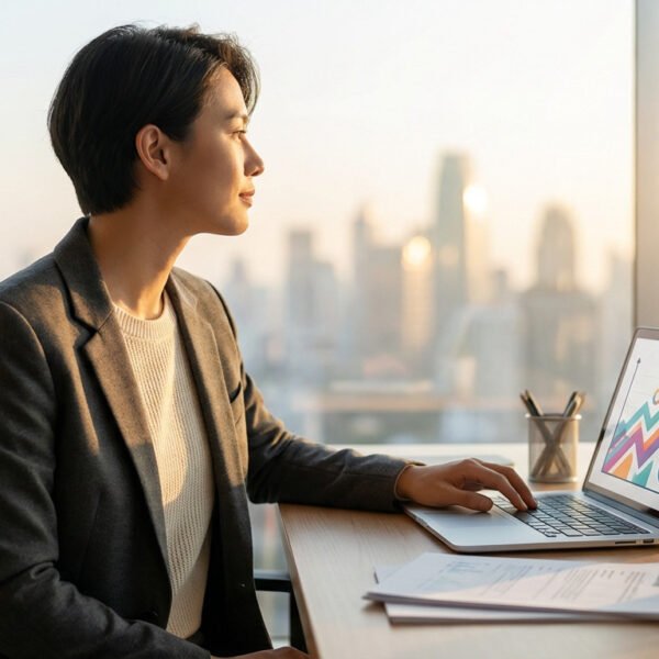 Professional at modern desk, looking optimistically at city skyline. Laptop shows growth chart, symbolizing future success.