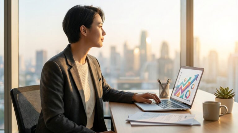 Professional at modern desk, looking optimistically at city skyline. Laptop shows growth chart, symbolizing future success.