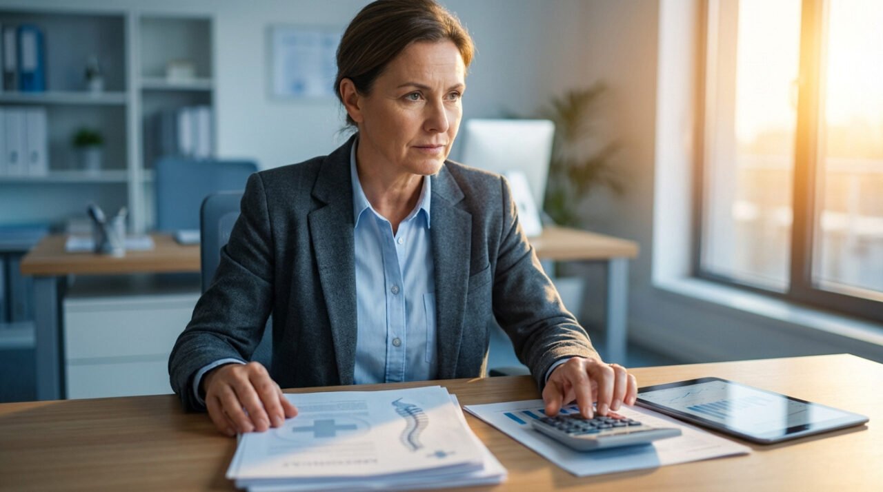 Une femme en costume d'affaires est assise à un bureau, utilisant une calculatrice et examinant des documents, avec une tablette et des papiers étalés devant elle dans un environnement de bureau.