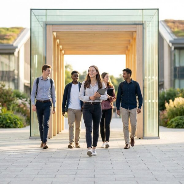 Un groupe de six étudiants marchent ensemble à l'extérieur d'un bâtiment moderne du campus par une journée ensoleillée, portant des livres et des sacs à dos.