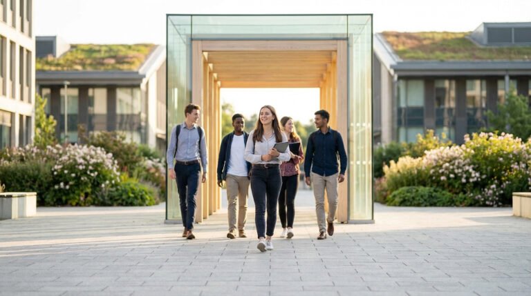 Un groupe de six étudiants marchent ensemble à l'extérieur d'un bâtiment moderne du campus par une journée ensoleillée, portant des livres et des sacs à dos.