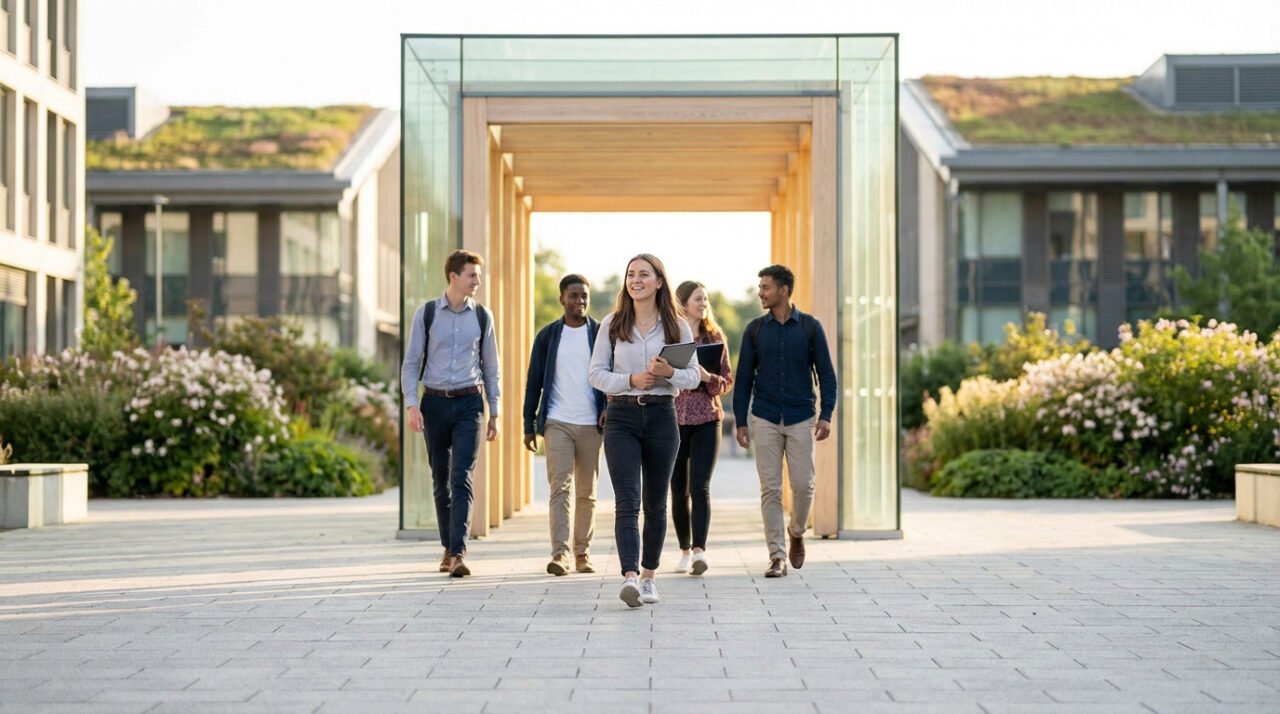Un groupe de six étudiants marchent ensemble à l'extérieur d'un bâtiment moderne du campus par une journée ensoleillée, portant des livres et des sacs à dos.
