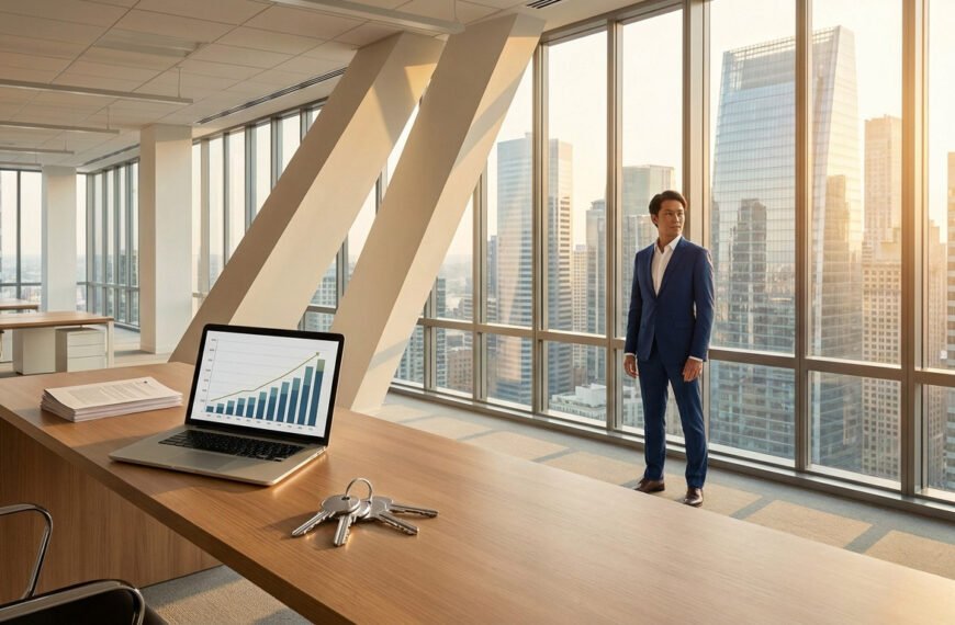 Agent immobilier en costume dans un bureau moderne avec vue sur les gratte-ciels, ordinateur avec graphique et clés.