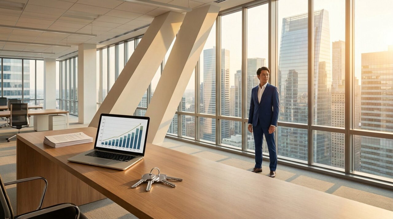 Agent immobilier en costume dans un bureau moderne avec vue sur les gratte-ciels, ordinateur avec graphique et clés.