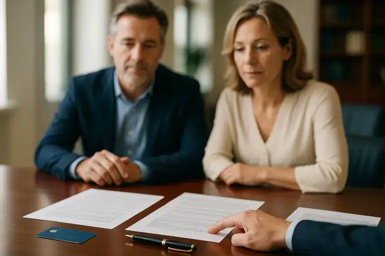Un homme et une femme sont assis à une table et examinent des documents, avec un stylo et une carte de crédit à proximité, tandis qu'une autre personne pointe du doigt les documents.