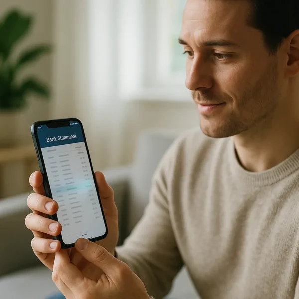 Un homme assis à l'intérieur regarde un smartphone affichant un relevé bancaire numérique.
