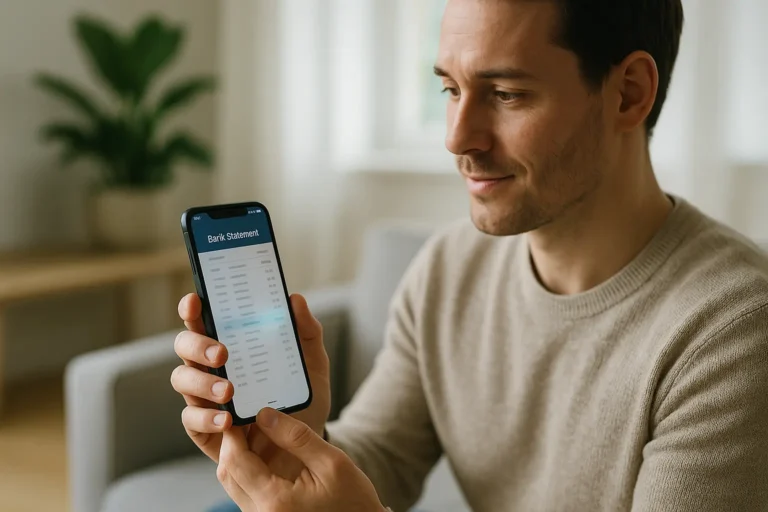 Un homme assis à l'intérieur regarde un smartphone affichant un relevé bancaire numérique.