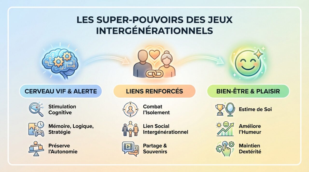 Seniors et enfants partageant un moment de joie autour d'un jeu de société intergénérationnel