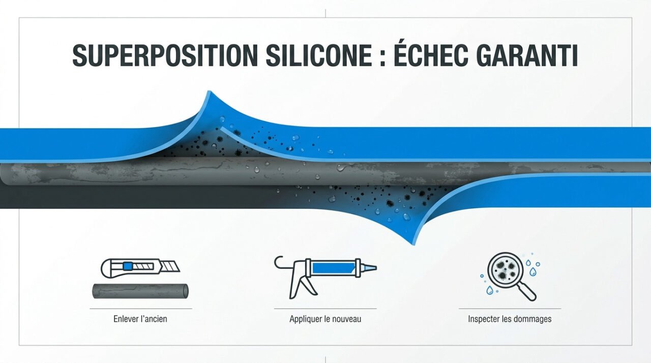 Échec d'une superposition de deux couches de joint silicone dans une salle de bain