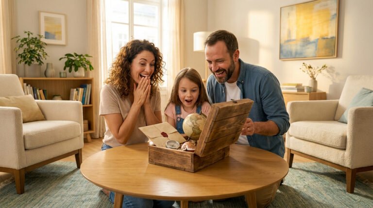 Mère, père et fille souriants ouvrent un coffre au trésor contenant un globe et une lettre scellée, annonçant un voyage.