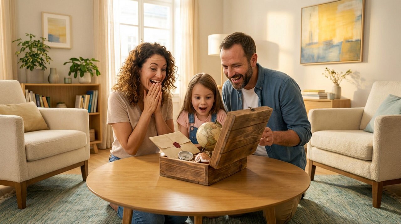 Mère, père et fille souriants ouvrent un coffre au trésor contenant un globe et une lettre scellée, annonçant un voyage.