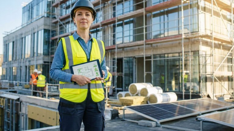Woman in hard hat and safety vest on a modern building renovation site, holding a tablet with green energy schematics, with solar panels and insulation.