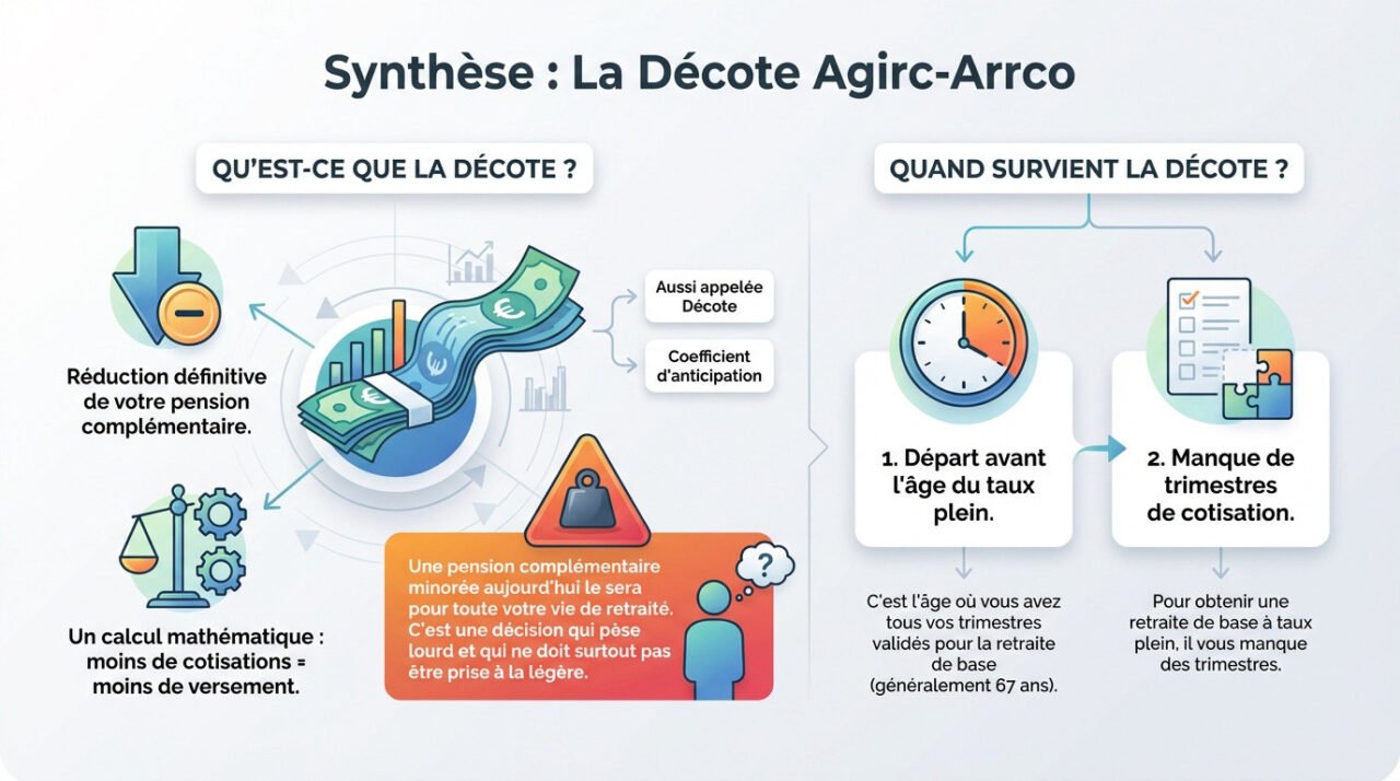 Schéma explicatif illustrant le mécanisme de décote sur la pension Agirc-Arrco