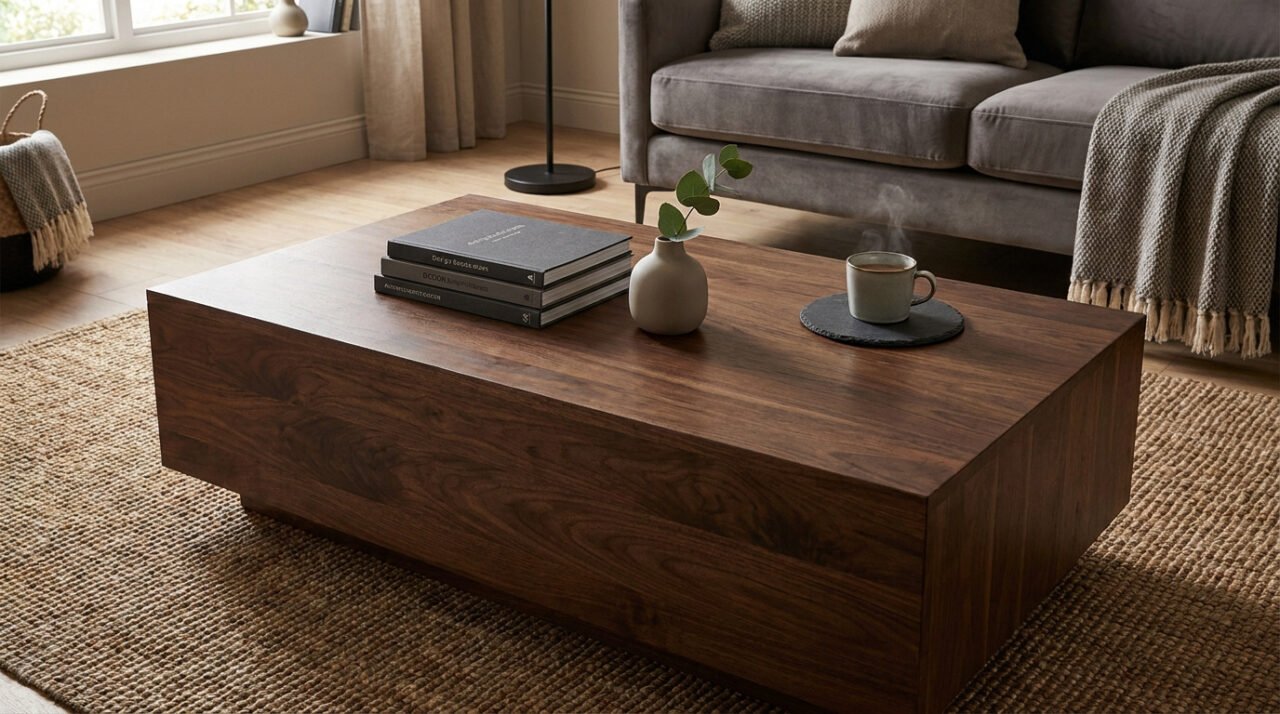Une table basse rectangulaire en bois foncé ornée d'une pile de livres, d'un vase et d'une tasse fumante sur un tapis.