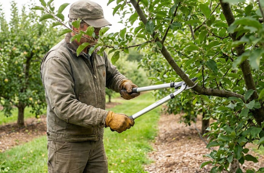 Un homme en casquette et gants élague une branche d'arbre fruitier avec un sécateur. Arrière-plan d'un verger.