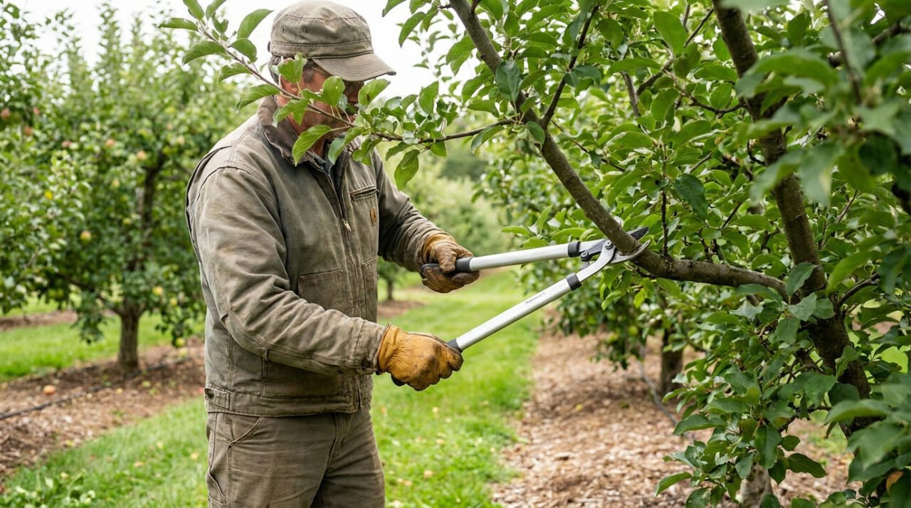Un homme en casquette et gants élague une branche d'arbre fruitier avec un sécateur. Arrière-plan d'un verger.