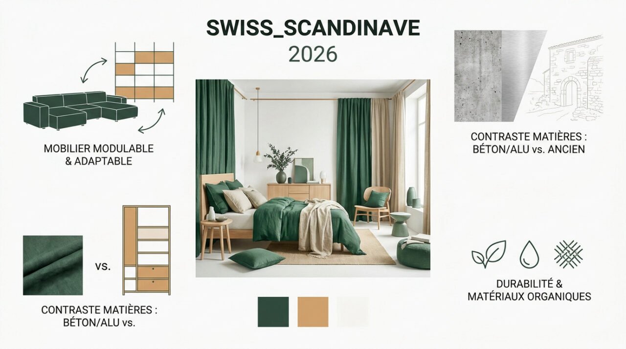 Salon au style scandinave moderne avec bois clair et teintes minérales tendance 2026