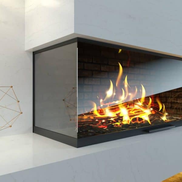 Une cheminée moderne avec une porte vitrée.