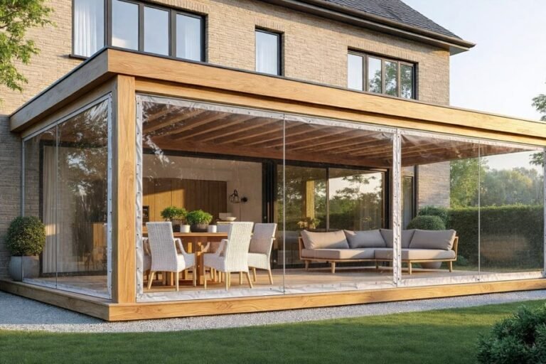 Cette maison moderne dispose d'un patio vitré avec une table à manger en bois, quatre chaises, un canapé et des poutres apparentes en bois.