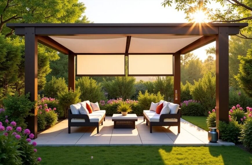 Une pergola extérieure moderne équipée de deux canapés, d'une table basse et de coussins décoratifs, entourée d'une végétation luxuriante et de fleurs épanouies dans un jardin paysager.