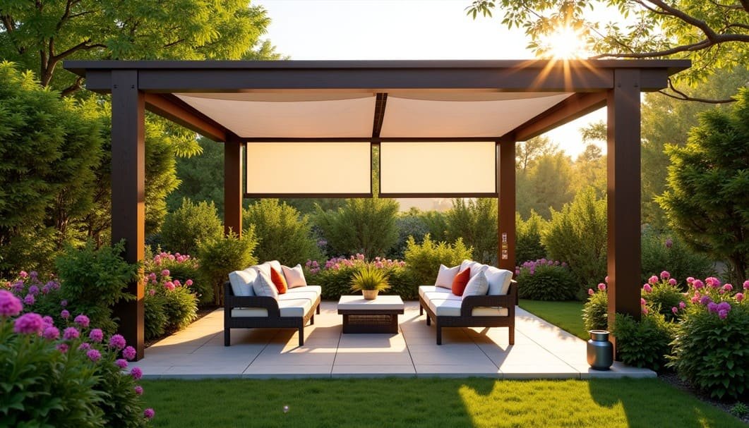 Une pergola extérieure moderne équipée de deux canapés, d'une table basse et de coussins décoratifs, entourée d'une végétation luxuriante et de fleurs épanouies dans un jardin paysager.