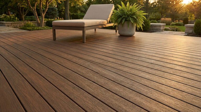 Terrasse composite marron au coucher du soleil, avec chaise longue beige et plante verte en pot. Jardin arrière-plan.