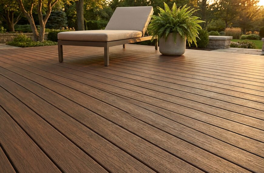 Terrasse composite marron au coucher du soleil, avec chaise longue beige et plante verte en pot. Jardin arrière-plan.