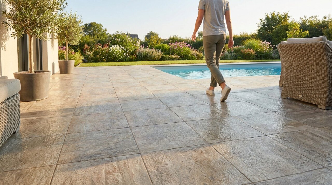 Personne marchant sur une terrasse en carrelage antidérapant près d'une piscine par une journée ensoleillée.