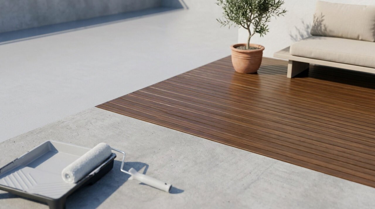 Un rouleau et un bac à peinture posés sur une terrasse en béton, à côté d'un espace avec des lames de bois.