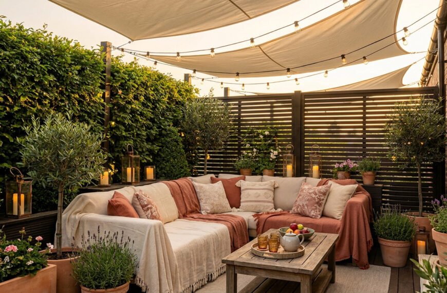 Terrasse confortable avec canapé d'angle, voile d'ombrage, haies et brise-vue en bois pour plus d'intimité.