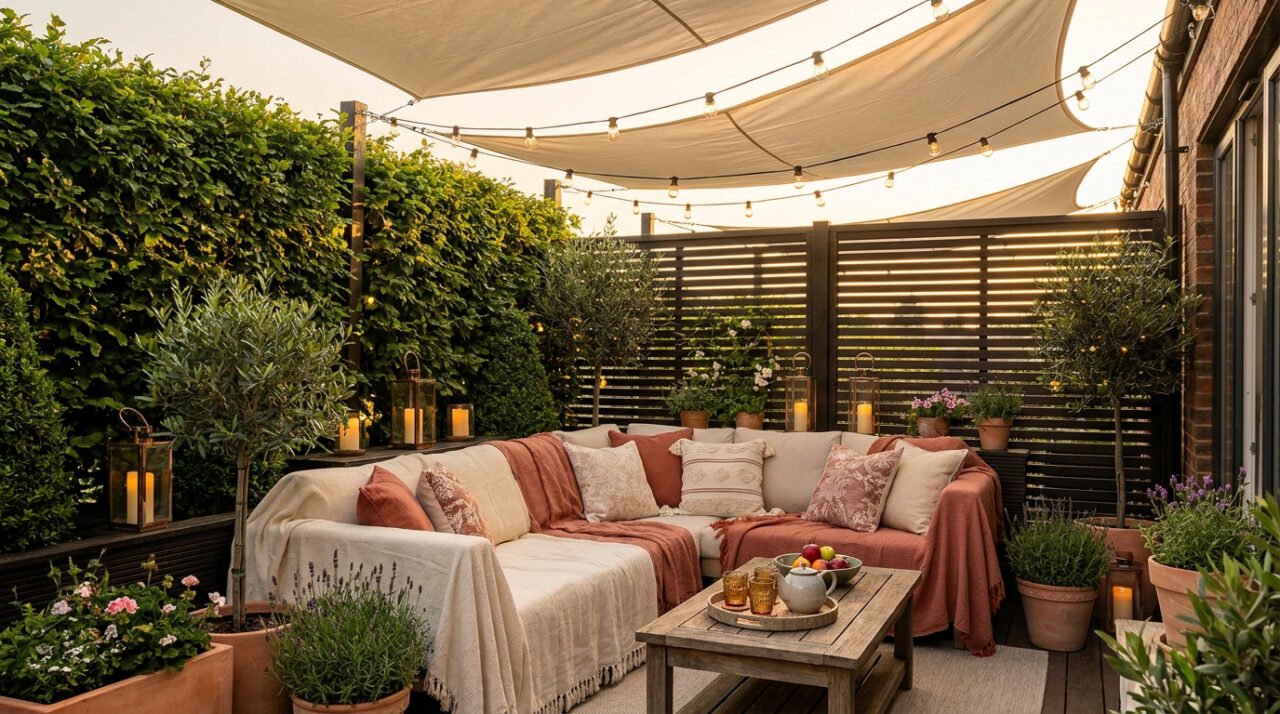 Terrasse confortable avec canapé d'angle, voile d'ombrage, haies et brise-vue en bois pour plus d'intimité.